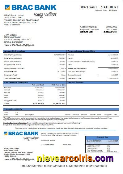 Bangladesh BRAC Bank bank mortgage statement